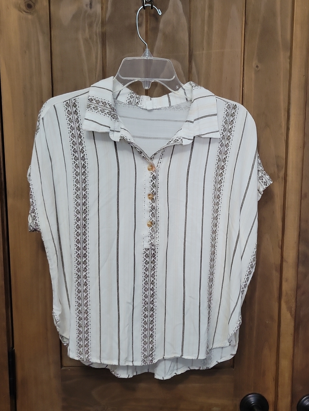 White and Brown Striped Button-Front Blouse